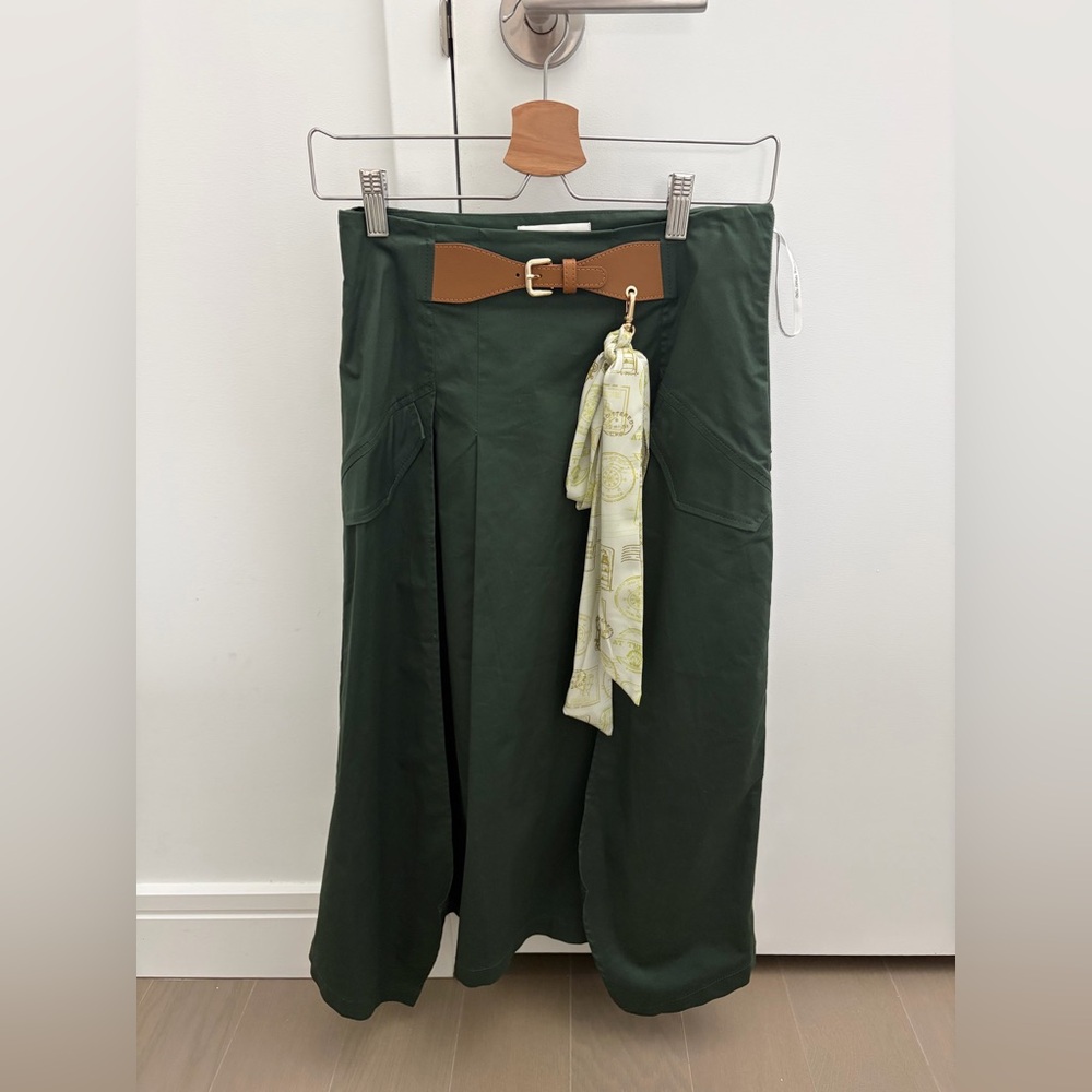 Vero Moda Dark Green Midi Skirt with Tan Belt and Scarf, size M